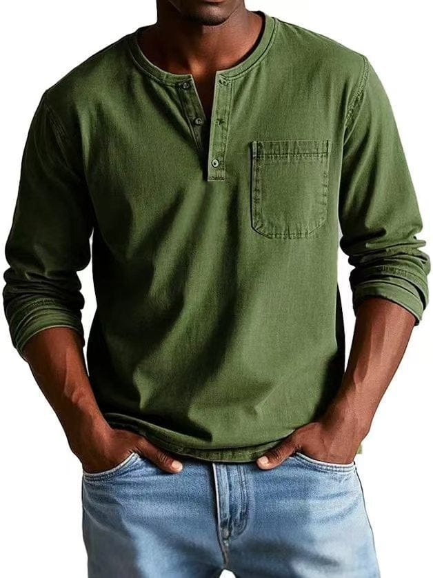 BRAMLEY classic henley shirt in dark green, long sleeves, three-button placket, chest pocket.