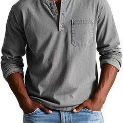 BRAMLEY classic henley shirt in gray, long sleeves, three-button placket, chest pocket.