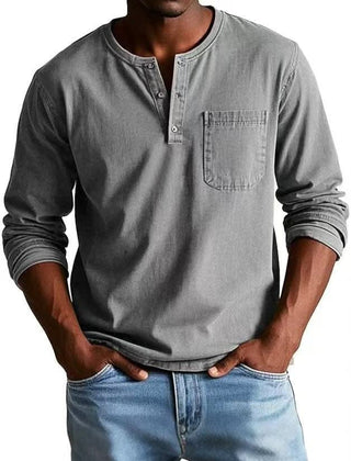 BRAMLEY classic henley shirt in gray, long sleeves, three-button placket, chest pocket.
