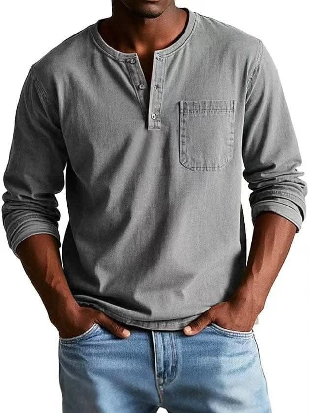 BRAMLEY classic henley shirt in gray, long sleeves, three-button placket, chest pocket.