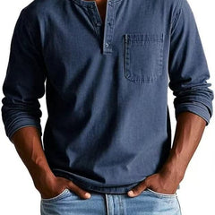 BRAMLEY classic henley shirt in blue, long sleeves, three-button placket, chest pocket.