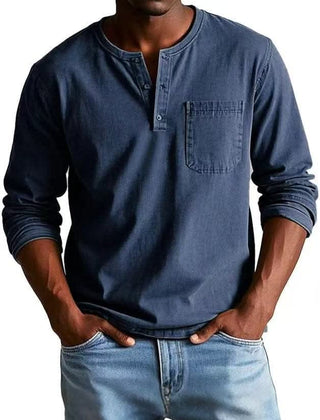 BRAMLEY classic henley shirt in blue, long sleeves, three-button placket, chest pocket.