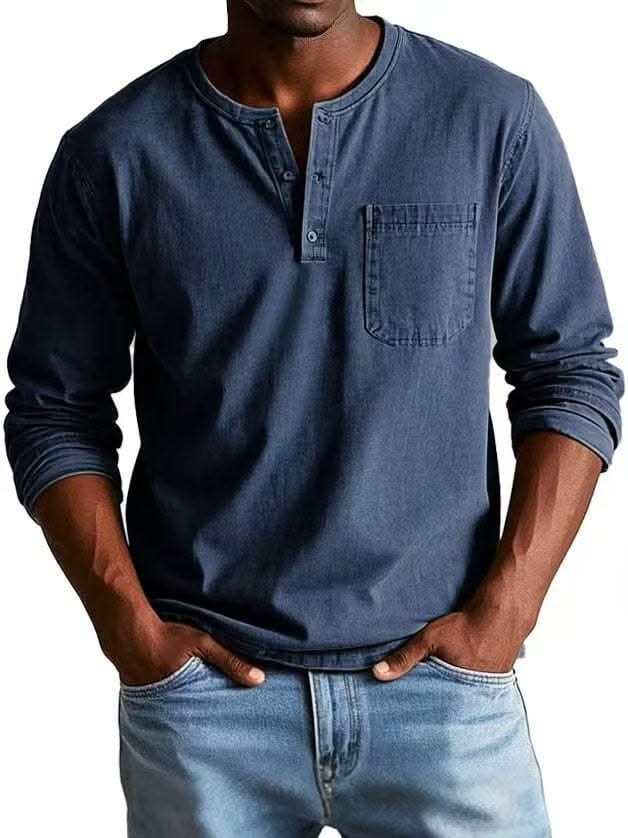 BRAMLEY classic henley shirt in blue, long sleeves, three-button placket, chest pocket.