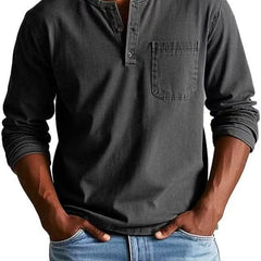 BRAMLEY classic henley shirt in dark gray, long sleeves, three-button placket, chest pocket.