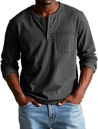 BRAMLEY classic henley shirt in dark gray, long sleeves, three-button placket, chest pocket.