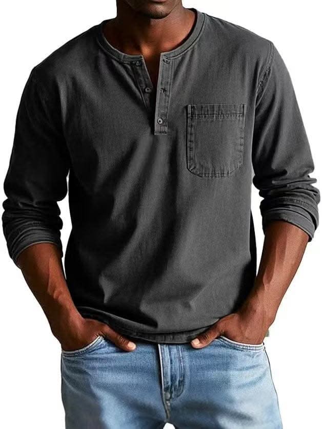 BRAMLEY classic henley shirt in dark gray, long sleeves, three-button placket, chest pocket.