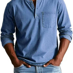 BRAMLEY classic henley shirt in blue, long sleeves, three-button placket, chest pocket.