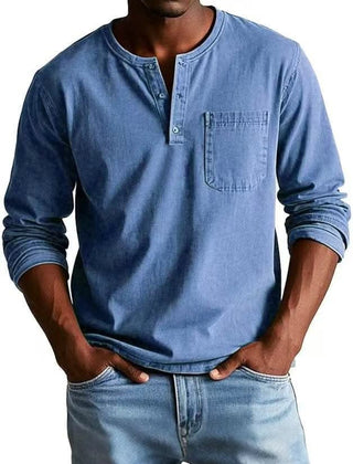BRAMLEY classic henley shirt in blue, long sleeves, three-button placket, chest pocket.