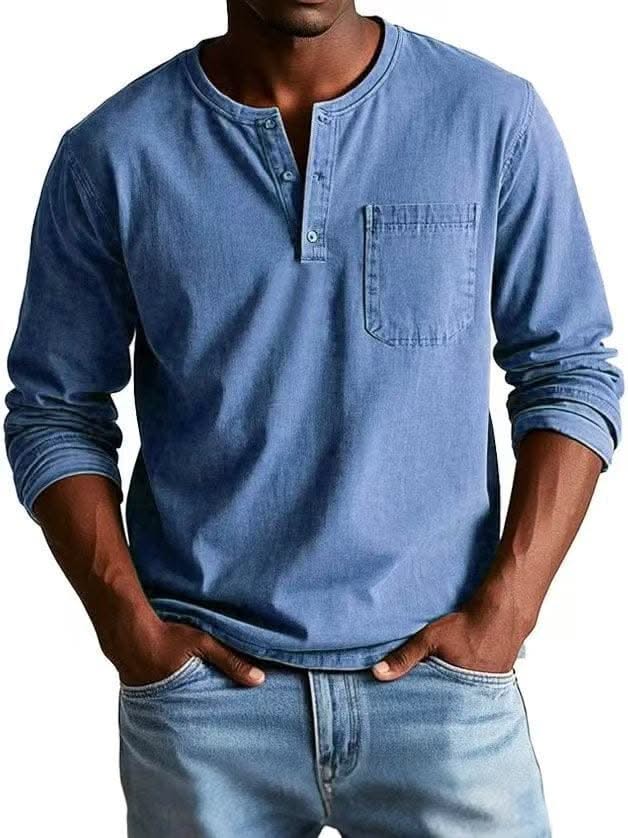 BRAMLEY classic henley shirt in blue, long sleeves, three-button placket, chest pocket.