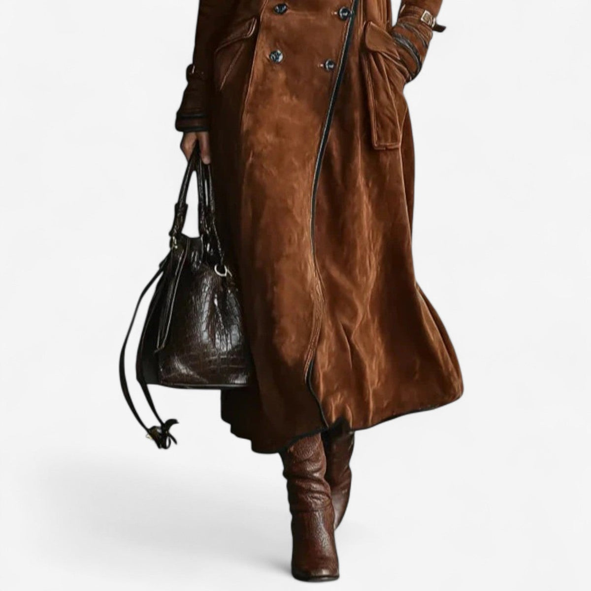 Dark brown long trench coat detail: double-breasted buttons, notched lapels, belted waist.
