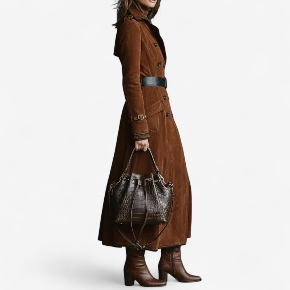 Brown long trench coat with double-breasted buttons, fitted belt, flap pockets, long sleeves.