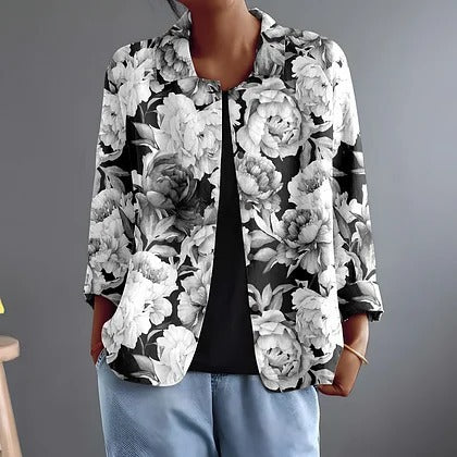 Black-and-white peony floral blouse with open collar and three-quarter sleeves