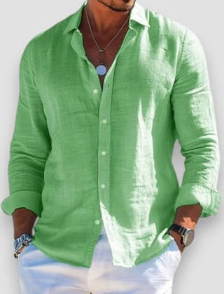 Light green linen button-up shirt with long sleeves and classic collar