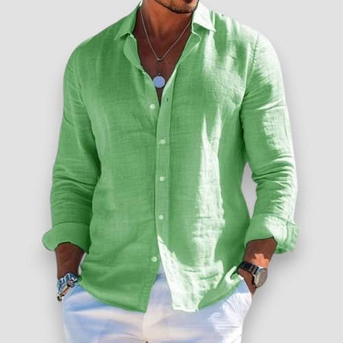 Light green linen button-up shirt with long sleeves and classic collar