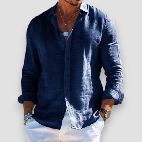Navy linen button-up shirt with long sleeves and classic collar
