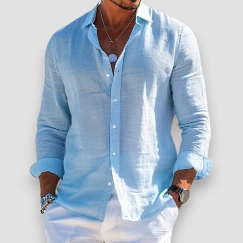 Light blue linen button-up shirt with long sleeves and classic collar