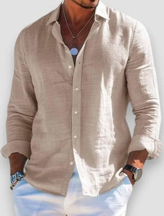 Beige linen button-up shirt with long sleeves and classic collar