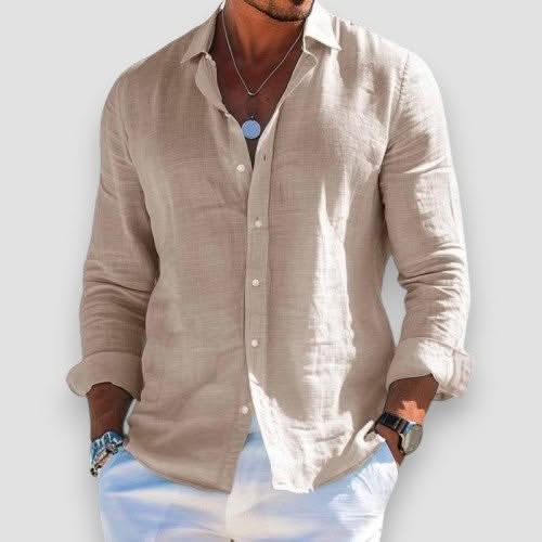 Beige linen button-up shirt with long sleeves and classic collar