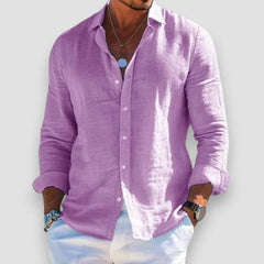 Violet linen button-up shirt with long sleeves and classic collar