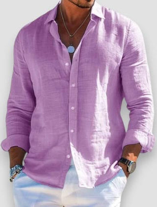 Violet linen button-up shirt with long sleeves and classic collar