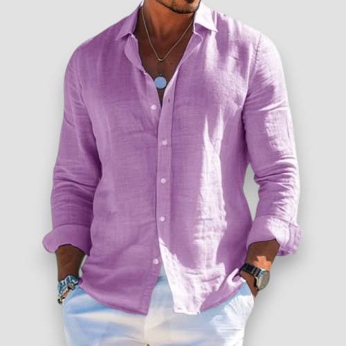 Violet linen button-up shirt with long sleeves and classic collar