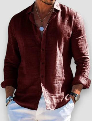 Burgundy linen button-up shirt with long sleeves and classic collar