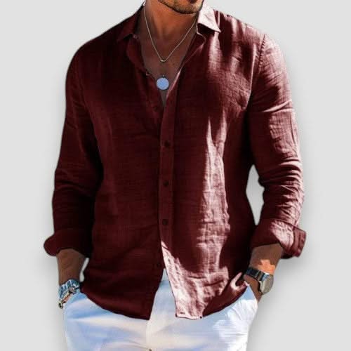 Burgundy linen button-up shirt with long sleeves and classic collar