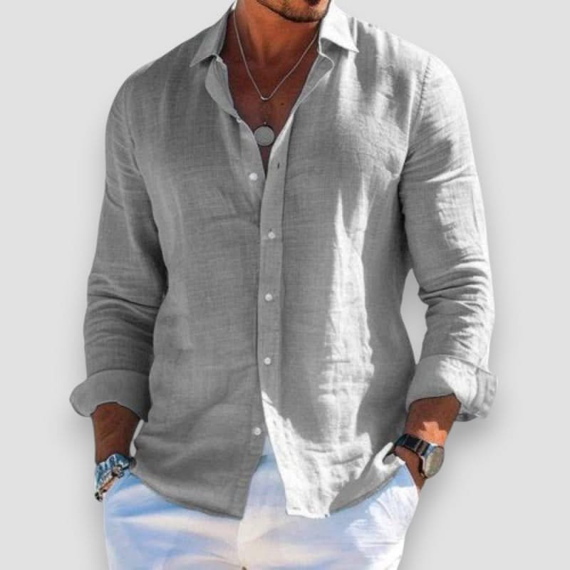 Grey linen button-up shirt with long sleeves and classic collar