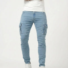 Men's light blue cargo trousers with side cargo pockets and slim tapered fit