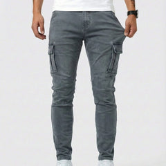 Men's dark grey cargo trousers with side cargo pockets and tapered legs