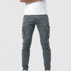 Men's dark grey cargo trousers front view with side cargo pockets and tapered fit