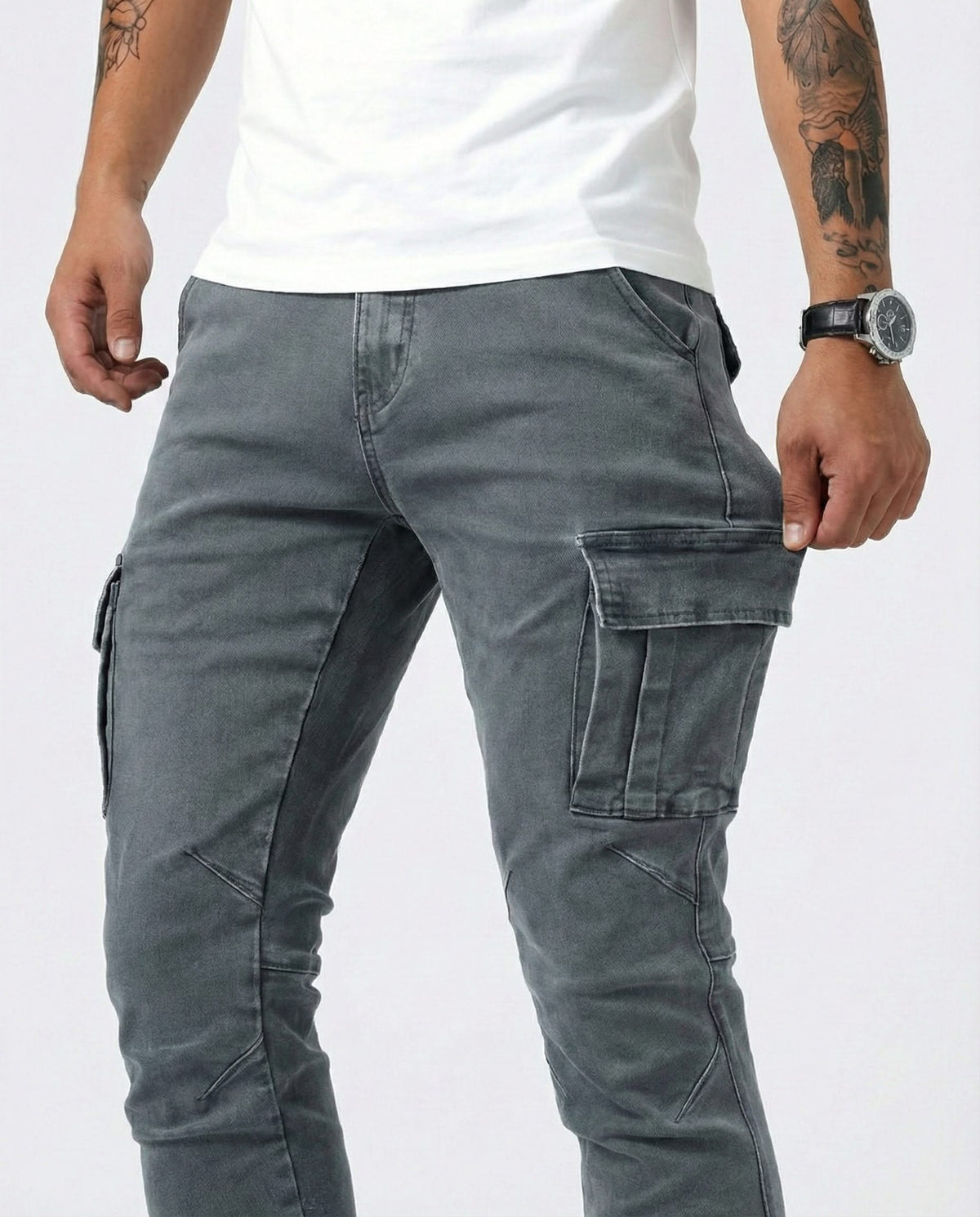 Men's dark grey cargo trousers close-up of cargo pocket details