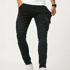 Black cargo trousers with side cargo pockets, slim leg