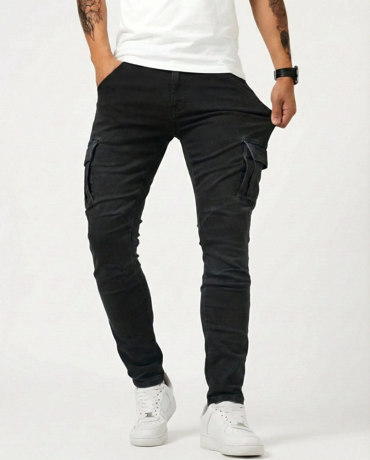 Black cargo trousers with side cargo pockets, slim leg