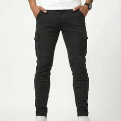 Black cargo trousers with side cargo pockets, slim straight leg
