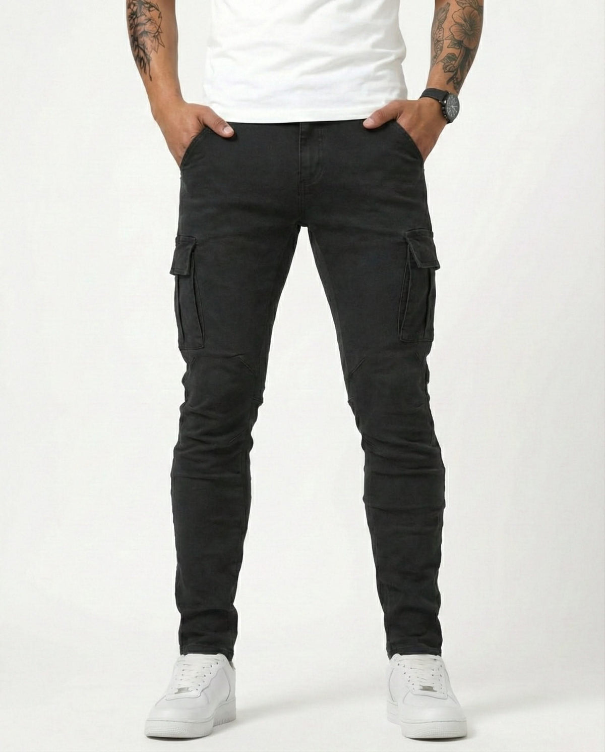 Black cargo trousers with side cargo pockets, slim straight leg
