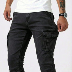 Black cargo trousers with flap cargo pockets on the thighs, slim fit