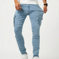 Men's blue cargo trousers with side cargo pockets and cuffed tapered legs