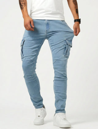 Men's blue cargo trousers with side cargo pockets and cuffed tapered legs