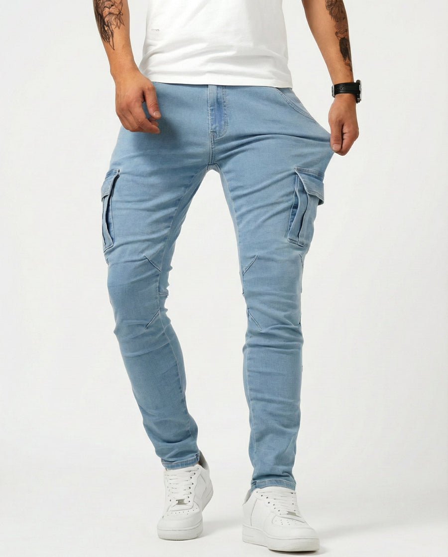 Men's blue cargo trousers with side cargo pockets and cuffed tapered legs
