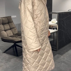 Reversible quilted coat, beige, long line with diamond stitching and button front