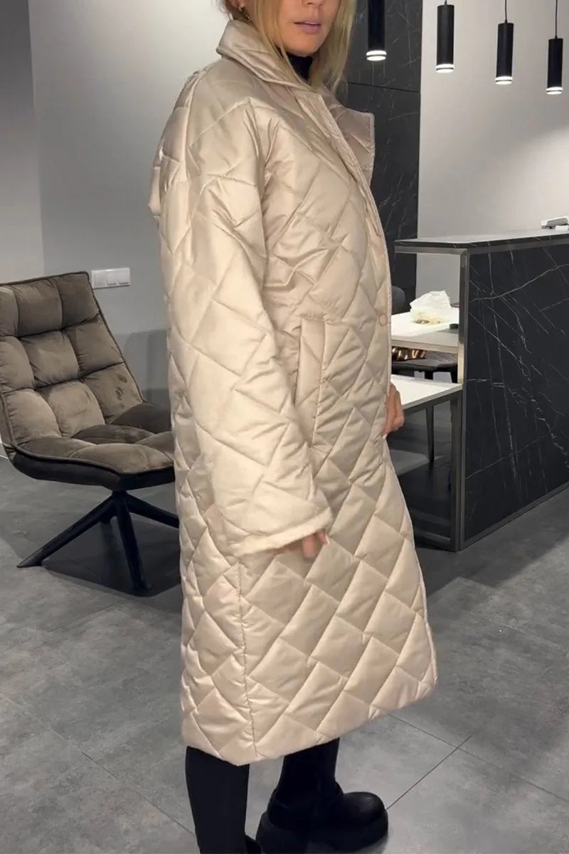 Reversible quilted coat, beige, long line with diamond stitching and button front