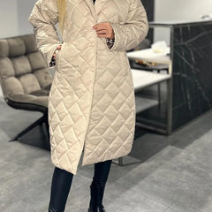 Reversible quilted coat, beige, long line with button front and diamond quilt pattern
