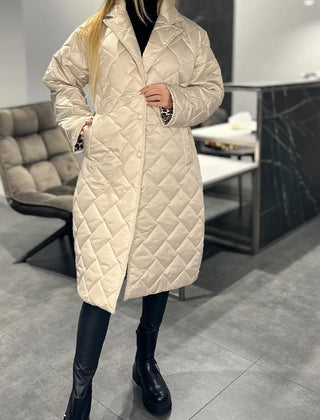 Reversible quilted coat, beige, long line with button front and diamond quilt pattern