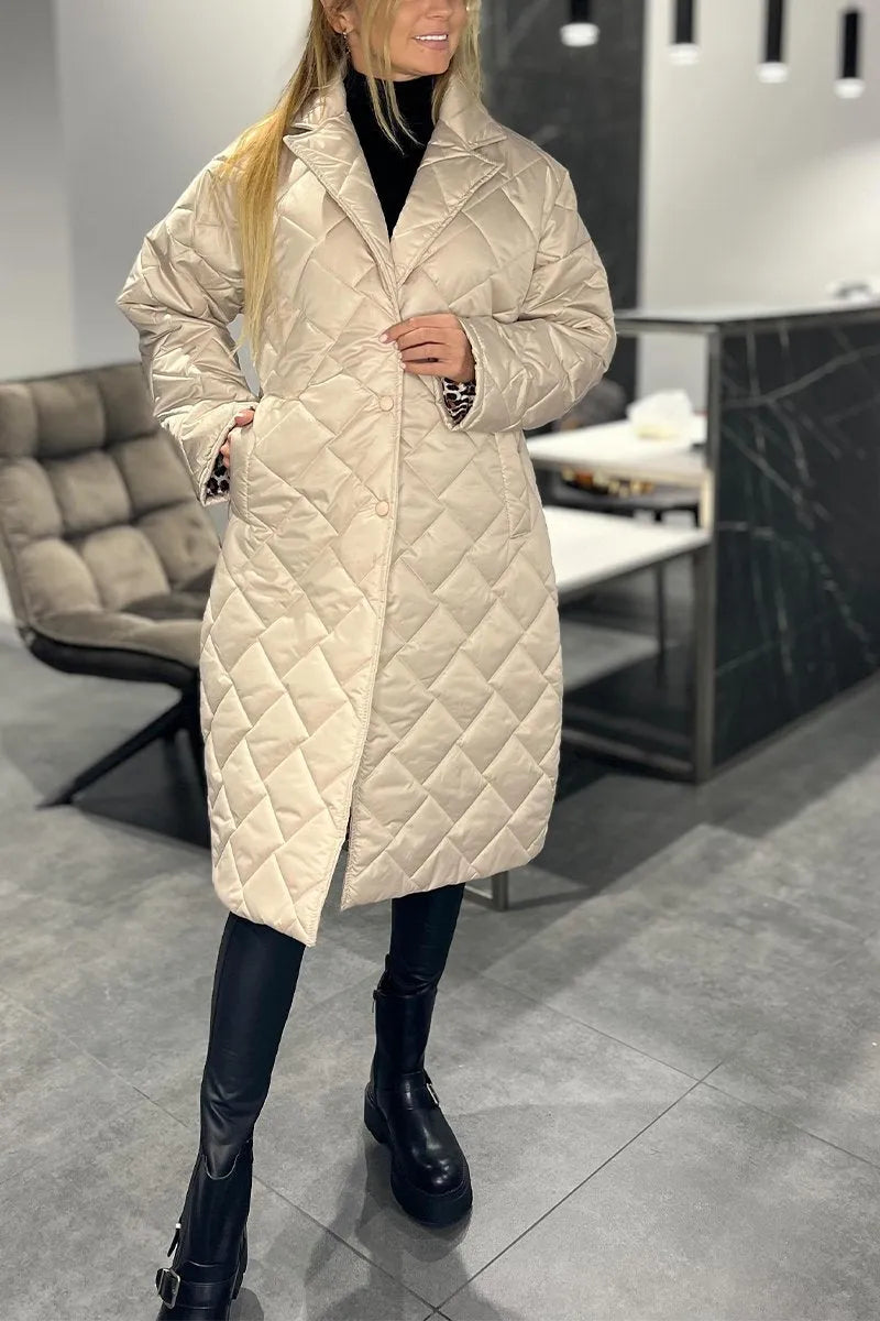 Reversible quilted coat, beige, long line with button front and diamond quilt pattern