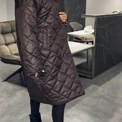 Reversible quilted coat, dark brown, long line with button front and diamond quilt pattern