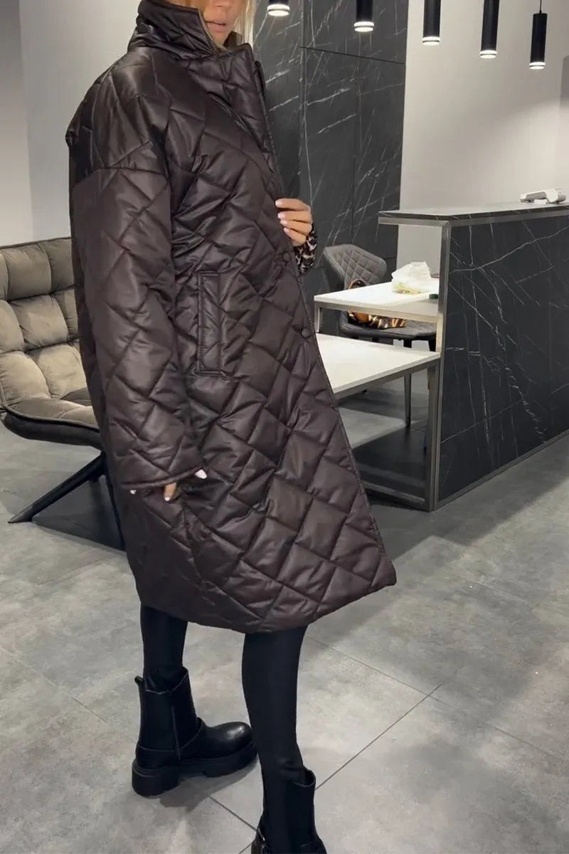 Reversible quilted coat, dark brown, long line with button front and diamond quilt pattern