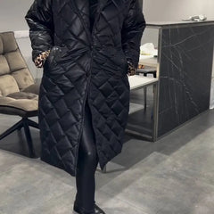 Reversible quilted coat, black, long line with button front and diamond stitched panels