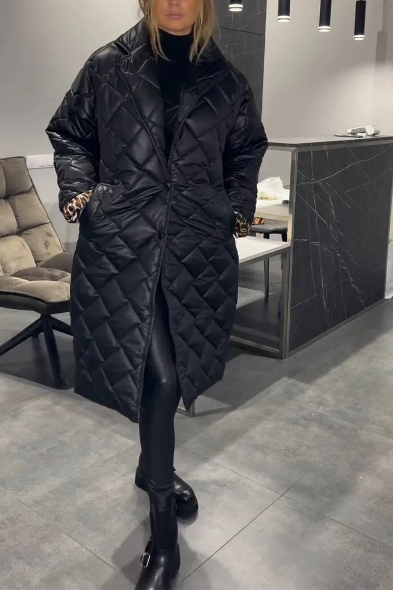Reversible quilted coat, black, long line with button front and diamond stitched panels
