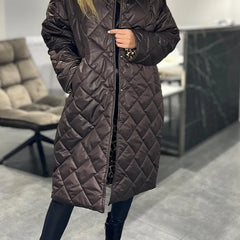 Reversible quilted coat, dark brown, long line with button front and diamond stitching